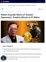 Robert Kiyosaki Warns of 'Greater Depression', Predicts Bitcoin to $1 Million
