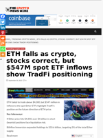 ETH falls as crypto, stocks correct, but $547M spot ETF inflows show TradFi positioning - The Crypto News Wire