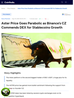Aster Price Goes Parabolic as CZ Commends DEX for Stablecoins Growth