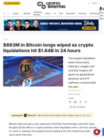 $883M in Bitcoin longs wiped as crypto liquidations hit $1.84B in 24 hours