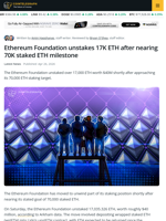 Ethereum Foundation Unstakes 17K ETH After Nearing 70K Staking Goal