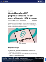 Gemini launches XRP perpetual contracts for EU users with up to 100X leverage