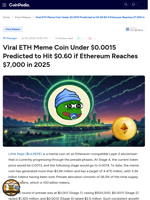 Viral ETH Meme Coin Under $0.0015 Predicted to Hit $0.60 if Ethereum Reaches $7,000 in 2025 - Little Pepe ($LILPEPE)