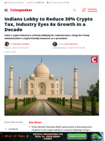 India Urged to Cut 30% Crypto Tax as Industry Eyes 6x Growth