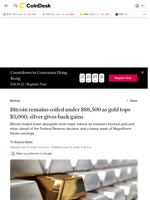 Bitcoin remains coiled under $88,500 as gold tops $5,000, silver gives back gains