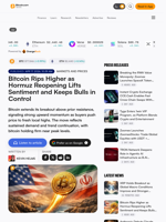 Bitcoin Rips Higher as Hormuz Reopening Lifts Sentiment and Keeps Bulls in Control