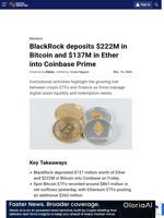BlackRock deposits $222M in Bitcoin and $137M in Ether into Coinbase Prime