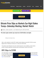 Bitcoin Price Slips as Markets Eye High-Stakes Trump–Zelenskyy Meeting: Market Watch