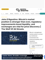 John D'Agostino: Bitcoin's market position is stronger than ever, regulatory improvements boost liquidity, and exchanges are vital for price discovery | The Wolf Of All Streets