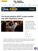 Tim Scott predicts $30T crypto market cap with regulatory clarity