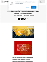XRP Reaches $400M in Tokenized RWAs Faster Than Ethereum