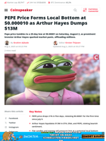 PEPE Price Forms Local Bottom at $0.000010 as Arthur Hayes Dumps $13M - Coinspeaker