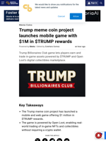 Trump meme coin project launches mobile game with $1M in $TRUMP rewards