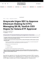 Grayscale Urges SEC to Approve Ethereum Staking for ETFs Managing $8.1B; VanEck CEO Hopes for Solana ETF Approval - 