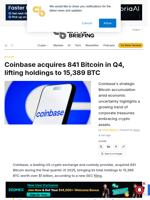 Coinbase acquires 841 Bitcoin in Q4, lifting holdings to 15,389 BTC