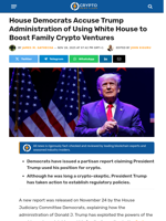 Trump Administration Accused of Using White House to Boost Crypto Ventures