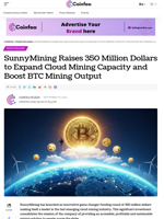 SunnyMining Raises 350 Million Dollars to Expand Cloud Mining Capacity and Boost BTC Mining Output - Coinfea