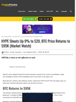 HYPE Shoots Up 9% to $20, BTC Price Returns to $95K (Market Watch)