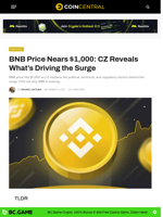 BNB Price Nears $1,000: CZ Reveals What’s Driving the Surge - CoinCentral