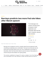 Barclays predicts two more Fed rate hikes after Warsh speech