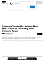 Dogecoin Transaction Volume Near $800 Million as Price Rally Fuels Dramatic Surge - U.Today