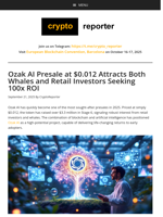 Ozak AI Presale at $0.012 Attracts Both Whales and Retail Investors Seeking 100x ROI