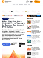 Ether Machine Adds 15,000 ETH to Treasury to Become 3rd Largest ETH Holder – Crypto News Bitcoin News