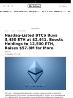 Nasdaq-Listed BTCS Buys 3,450 ETH at $2,441, Boosts Holdings to 12,500 ETH, Raises $57.8M for More - 