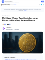 Mid-Sized Whales Take Control as Large Bitcoin Holders Step Back on Binance: Guest Post by ETHNews | CoinMarketCap