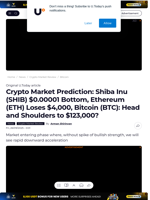 Crypto Market Prediction: Shiba Inu (SHIB) $0.00001 Bottom, Ethereum (ETH) Loses $4,000, Bitcoin (BTC): Head and Shoulders to $123,000? - U.Today