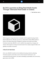 BLOCK Launches to Bring Real-World Assets Through Tokenized Real Estate on Solana - Visionary Financial