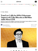 Tom Lee Calls for 100x Ethereum 'Supercycle' Like Bitcoin as BitMine Adds More ETH - Decrypt