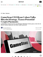 GameStop CEO Ryan Cohen Talks Bitcoin Strategy, Teases Potential Crypto Payments - Decrypt