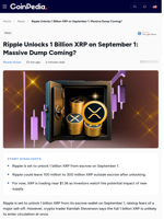 Ripple Unlocks 1 Billion XRP on September 1: Dump Coming?