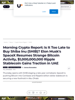 Morning Crypto Report: Is It Too Late to Buy Shiba Inu (SHIB)? Elon Musk's SpaceX Resumes Strange Bitcoin Activity, $1,000,000,000 Ripple Stablecoin Gains Traction in UAE - U.Today