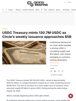 USDC Treasury mints 130.7M USDC as Circle's weekly issuance approaches $5B