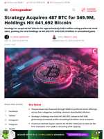 Strategy Acquires 487 BTC for $49.9M, Holdings Hit 641,692 Bitcoin - Coinspeaker