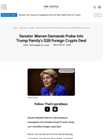 Senator Warren Demands Probe Into Trump Family’s $2B Foreign Crypto Deal