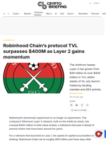 Robinhood Chain's protocol TVL surpasses $400M as Layer 2 gains momentum