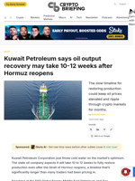Kuwait Petroleum says oil output recovery may take 10-12 weeks after Hormuz reopens