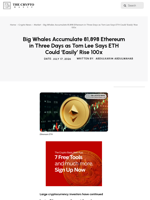Big Whales Accumulate 81,898 Ethereum in Three Days as Tom Lee Says ETH Could ‘Easily’ Rise 100x