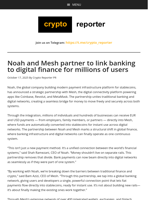 Noah and Mesh partner to link banking to digital finance for millions of users