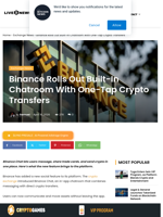 Binance Rolls Out Built-In Chatroom With One-Tap Crypto Transfers | Live Bitcoin News