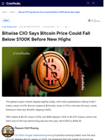 Bitwise CIO Says Bitcoin Price Could Fall Below $100K Before New Highs