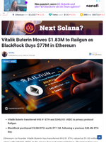 Vitalik Buterin Moves $1.83M to Railgun as BlackRock Buys $77M in Ethereum