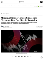 Morning Minute: Crypto Slides into “Extreme Fear” as Bitcoin Tumbles - Decrypt