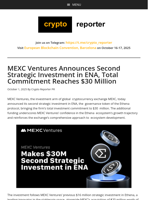 MEXC Ventures Announces Second Strategic Investment in ENA, Total Commitment Reaches $30 Million