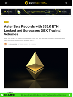 Aster Sets Records with 331K ETH Locked and Surpasses DEX