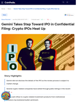 Gemini Takes Step Toward IPO in Confidential Filing: Crypto IPOs Heat Up