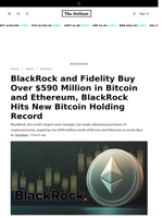 BlackRock and Fidelity Buy Over $590 Million in Bitcoin and Ethereum, BlackRock Hits New Bitcoin Holding Record - 